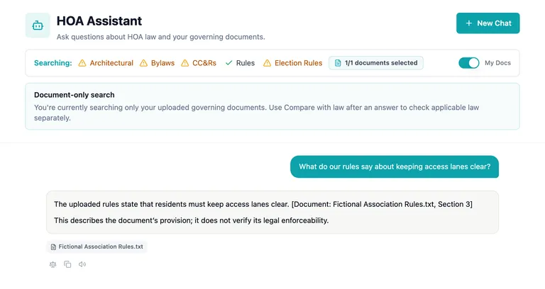 A fictional governing-document question and document-only answer, with source attribution and the separate comparison action.