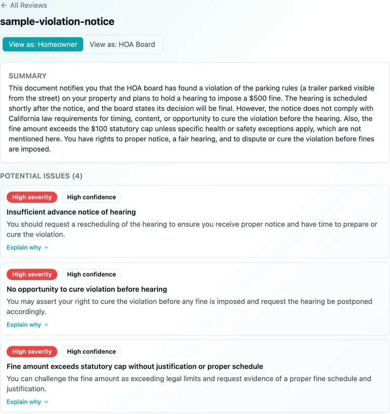 A Review of a sample violation notice: a plain-language summary, then potential issues such as insufficient advance notice of the hearing, each marked with its severity.