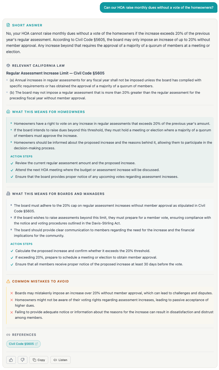 Full Davis-Stirling-Act.ai answer about HOA assessment increase limits