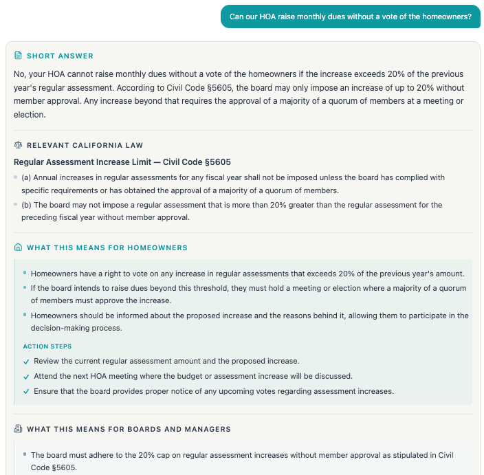 Davis-Stirling-Act.ai answer about HOA assessment increase limits
