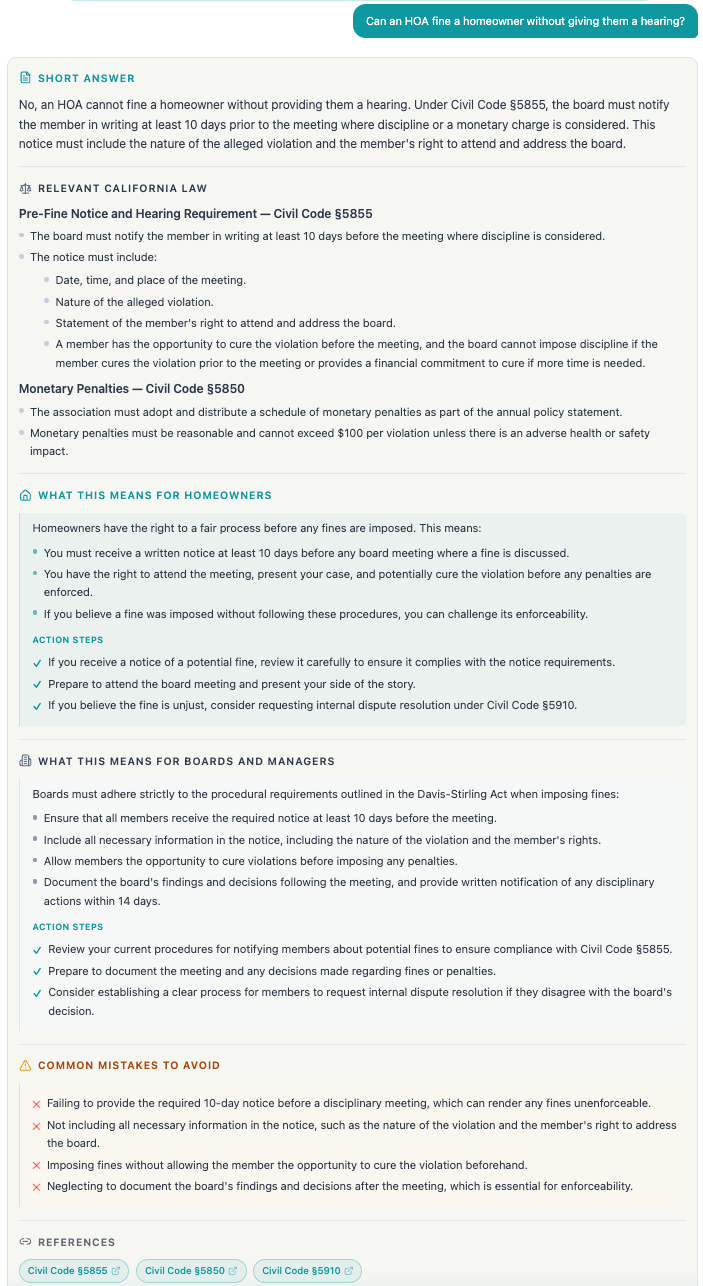 Full Davis-Stirling-Act.ai answer about HOA fine notice and hearing requirements
