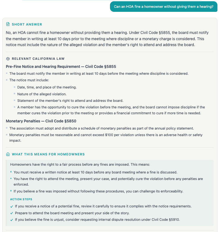 Davis-Stirling-Act.ai answer about HOA fine notice and hearing requirements