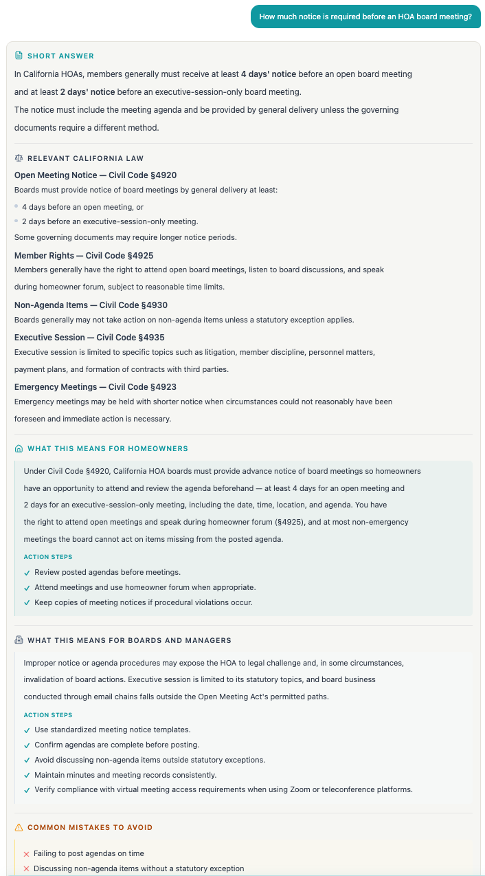 Full Davis-Stirling-Act.ai answer about HOA board meeting notice requirements