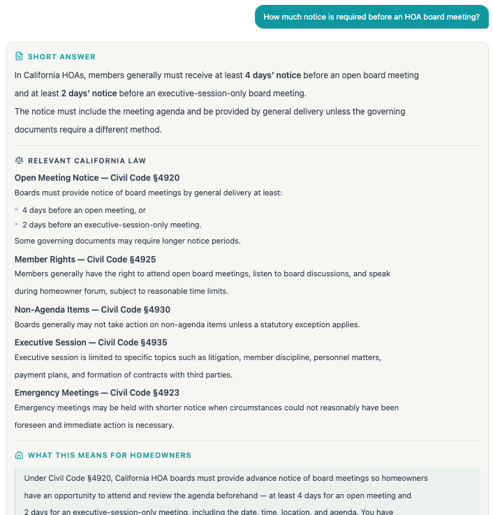 Davis-Stirling-Act.ai answer about HOA board meeting notice requirements